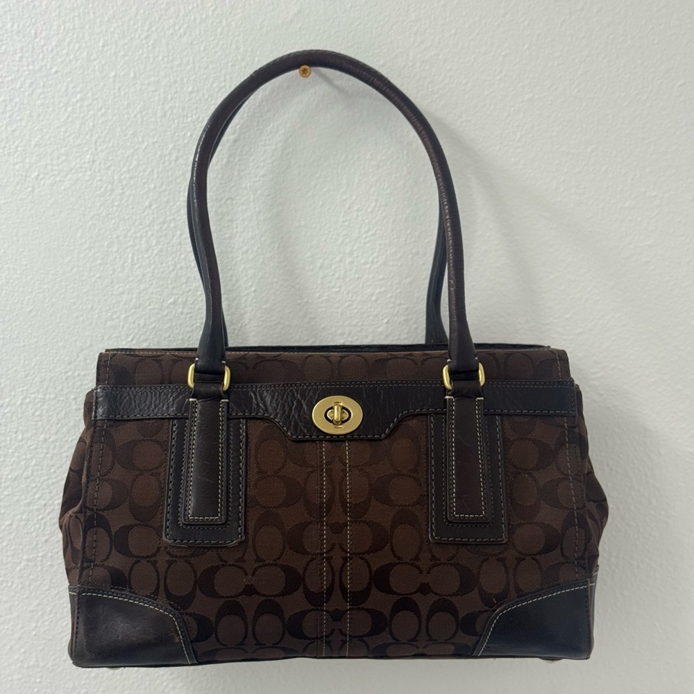 Coach Brown and Black Signature Shoulder Bag